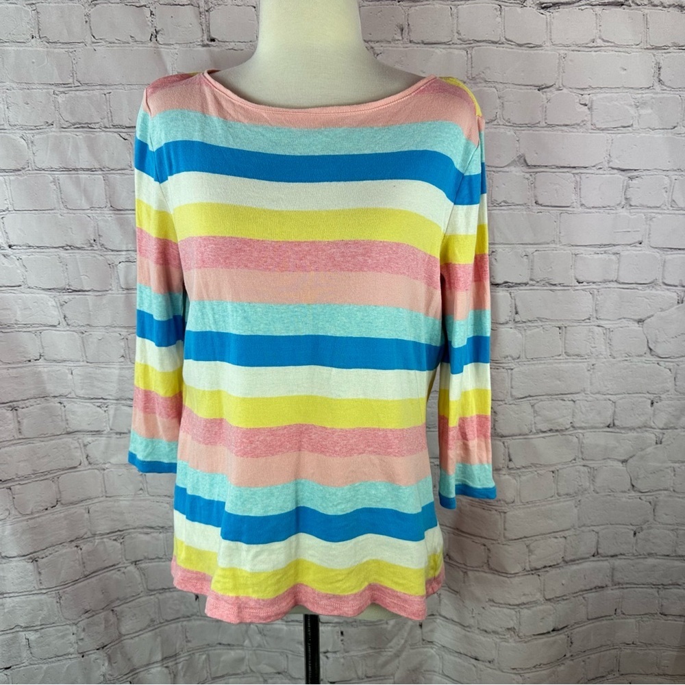 the Talbots tee Colorful Striped 3/4 Sleeve cotton Top womens L spring layering